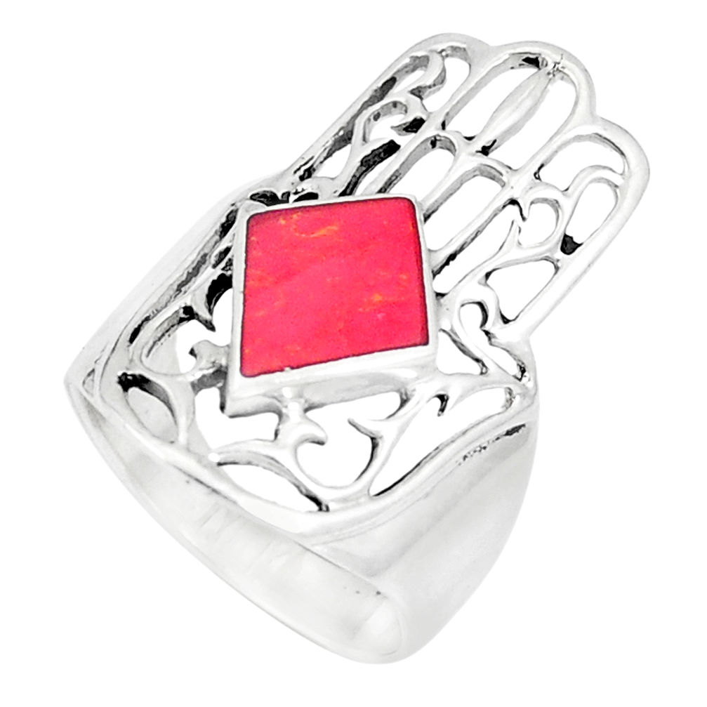 LAB 5.02gms red coral enamel 925 silver hand of god hamsa ring size 6 a93318 c13179