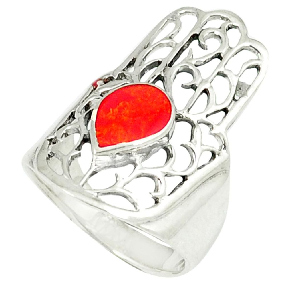 4.26gms red coral enamel 925 silver hand of god hamsa ring size 6 c11995