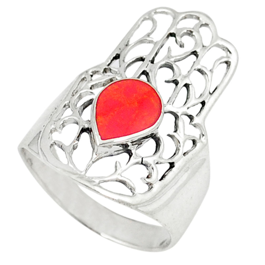 LAB 4.02gms red coral enamel 925 silver hand of god hamsa ring size 7 c12125