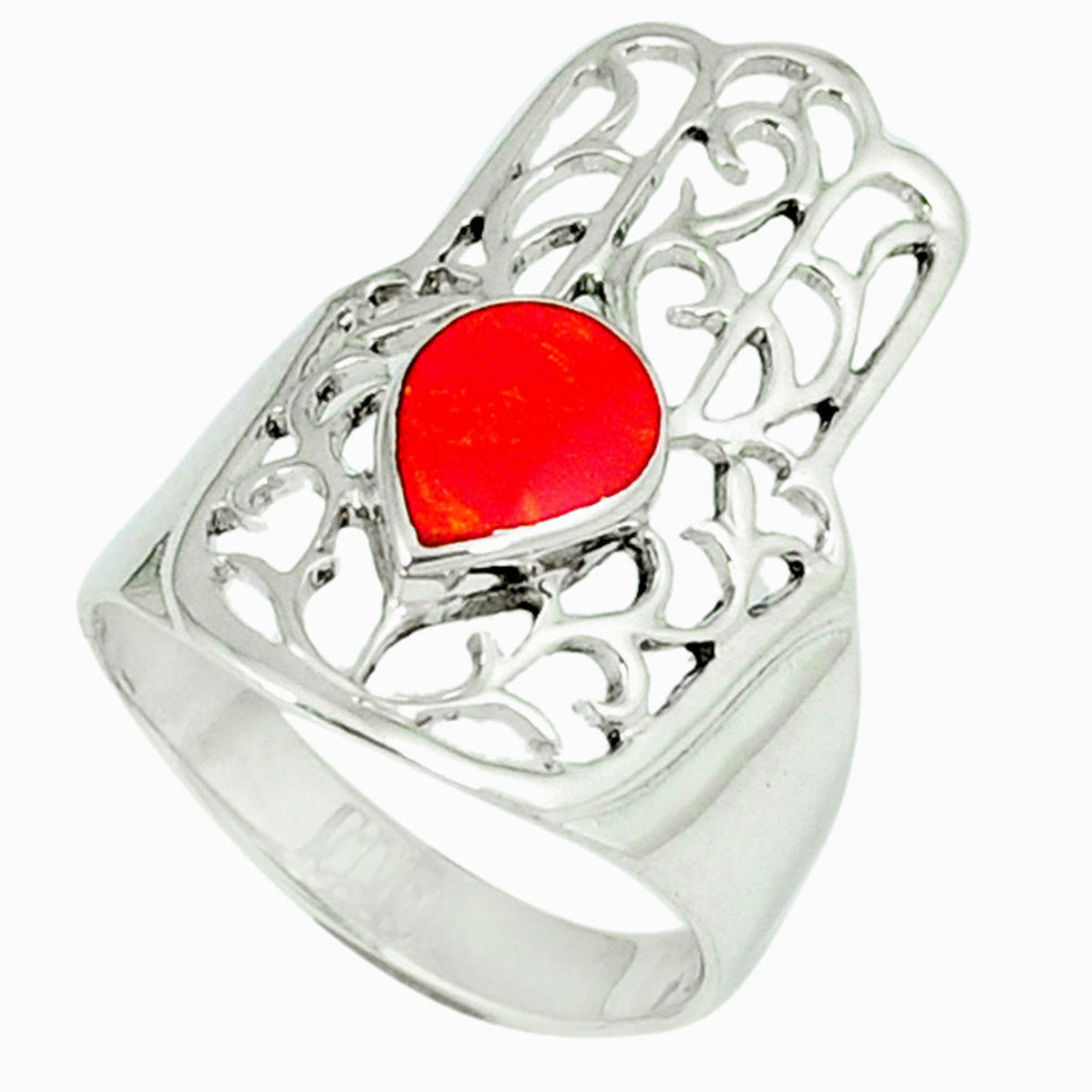 LAB 4.25gms red coral enamel 925 silver hand of god hamsa ring size 7 c12133