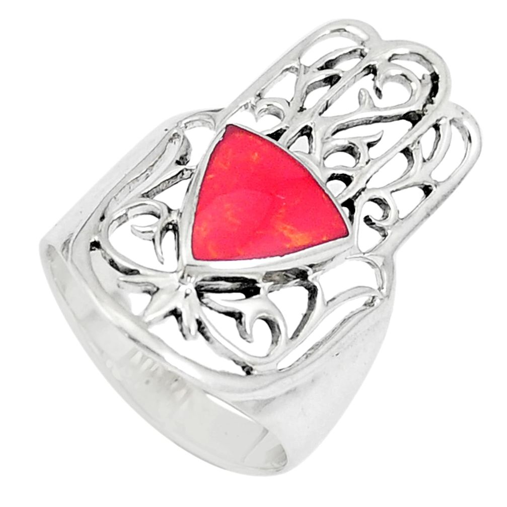 4.69gms red coral enamel 925 silver hand of god hamsa ring size 7 c26152