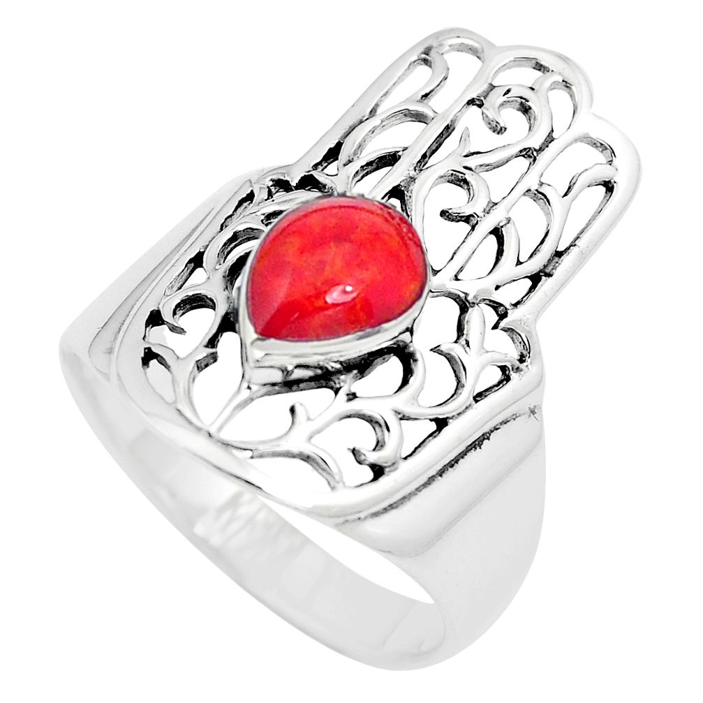 LAB 5.26gms red coral enamel 925 silver hand of god hamsa ring size 8 c12727