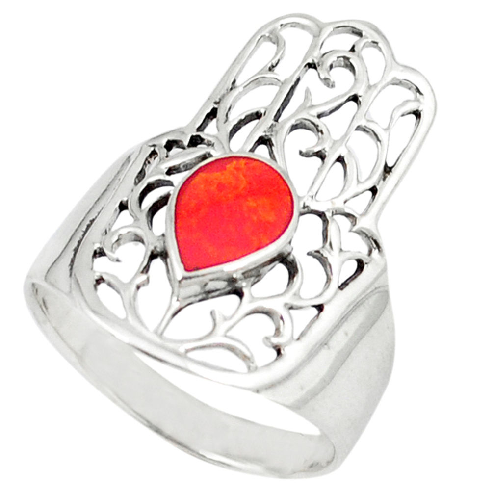 LAB 4.69gms red coral enamel 925 silver hand of god hamsa ring size 9 c11991