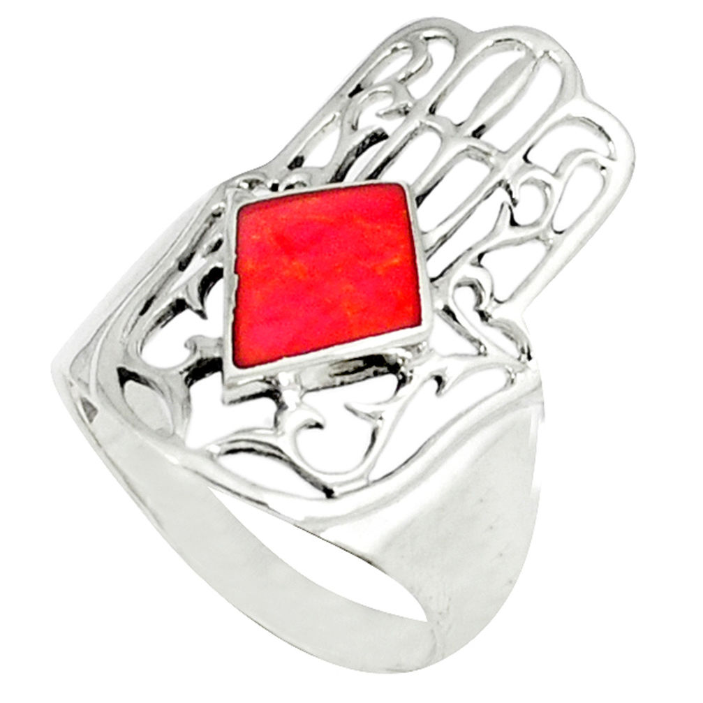 LAB 4.89gms red coral enamel 925 silver hand of god hamsa ring size 9 c11993