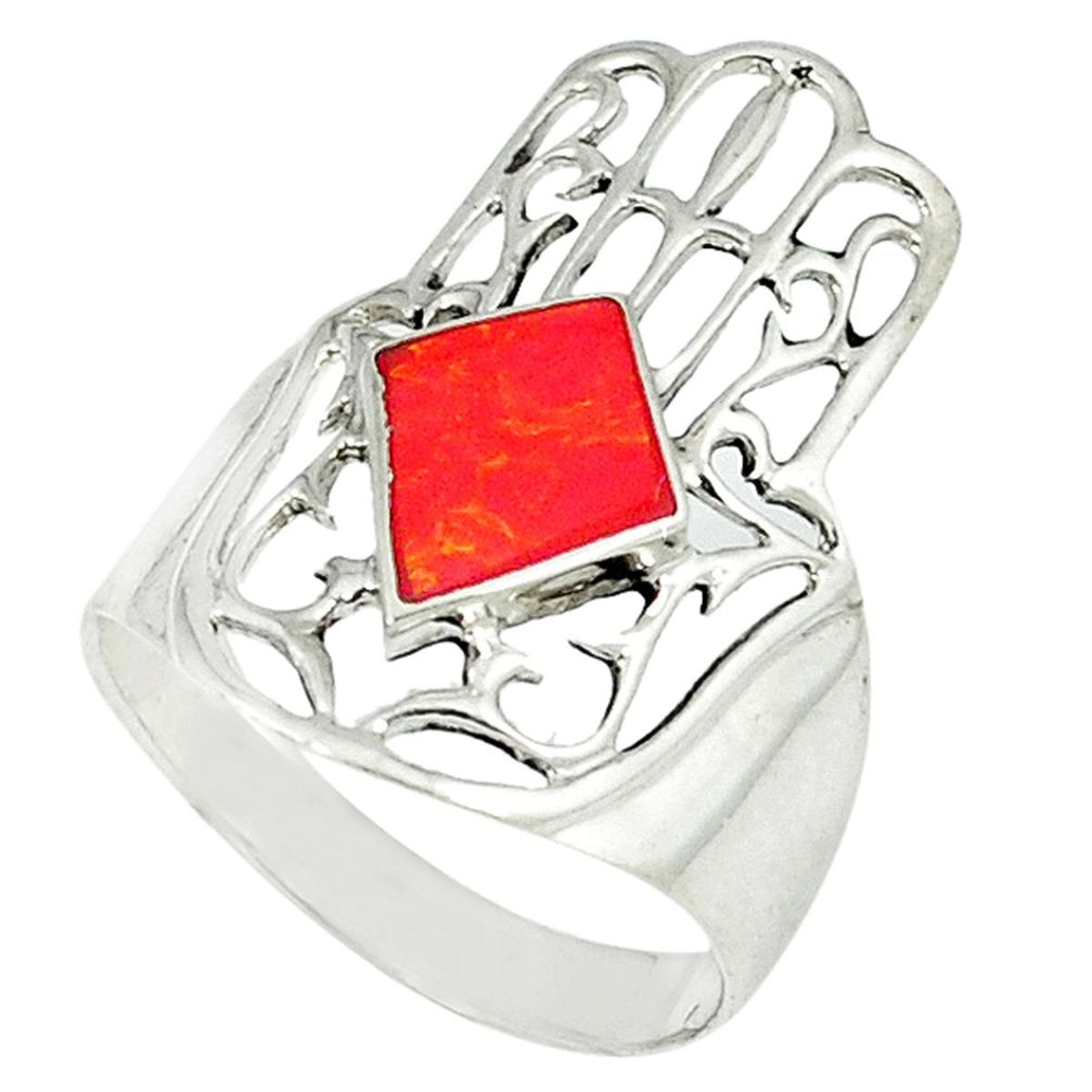 4.69gms red coral enamel 925 silver hand of god hamsa ring size 9 c11994