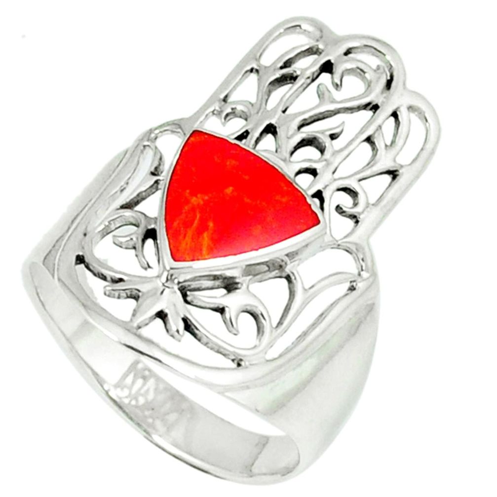 5.26gms red coral enamel 925 silver hand of god hamsa ring size 9 c11997