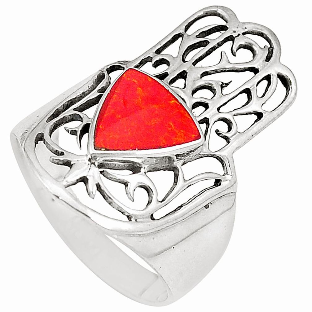 5.23gms red coral enamel 925 silver hand of god hamsa ring size 9 c12000