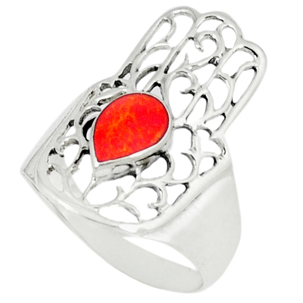 LAB 4.26gms red coral enamel 925 silver hand of god hamsa ring size 9 c12131