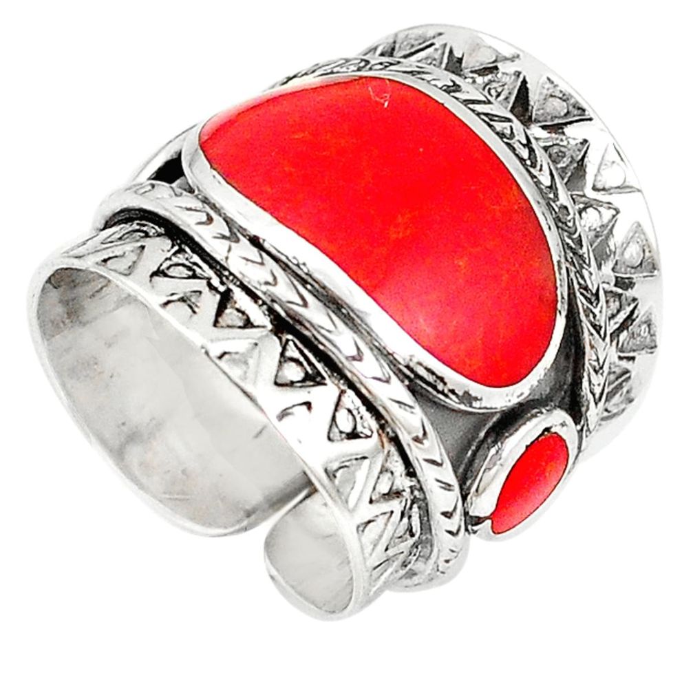 Red coral enamel 925 sterling silver adjustable ring jewelry size 6.5 c22343