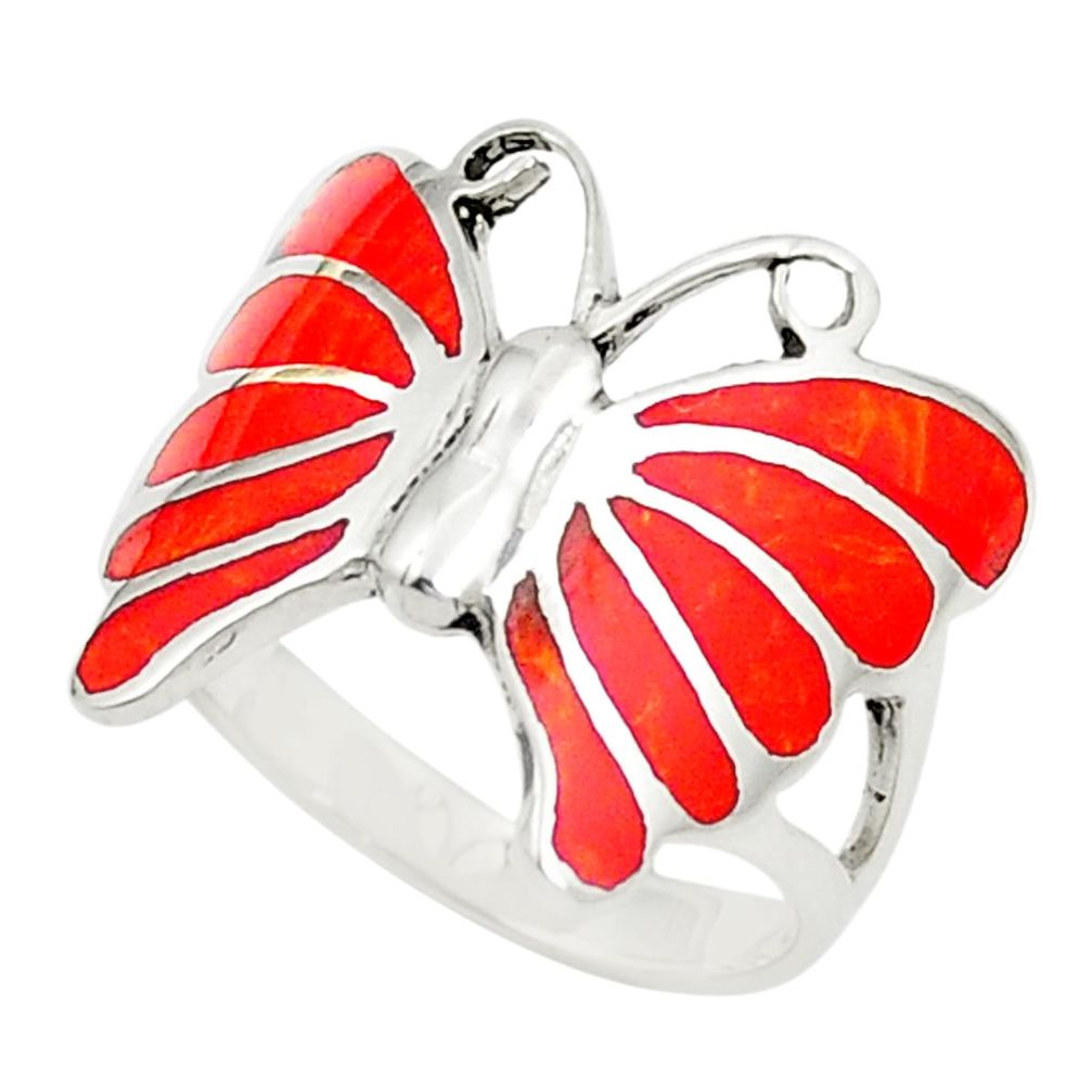 Red coral enamel 925 sterling silver butterfly ring size 5.5 c12828