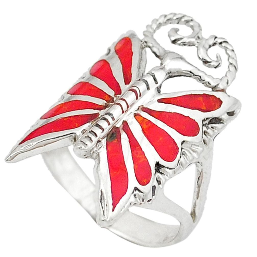 Red coral enamel 925 sterling silver butterfly ring jewelry size 5.5 c12200