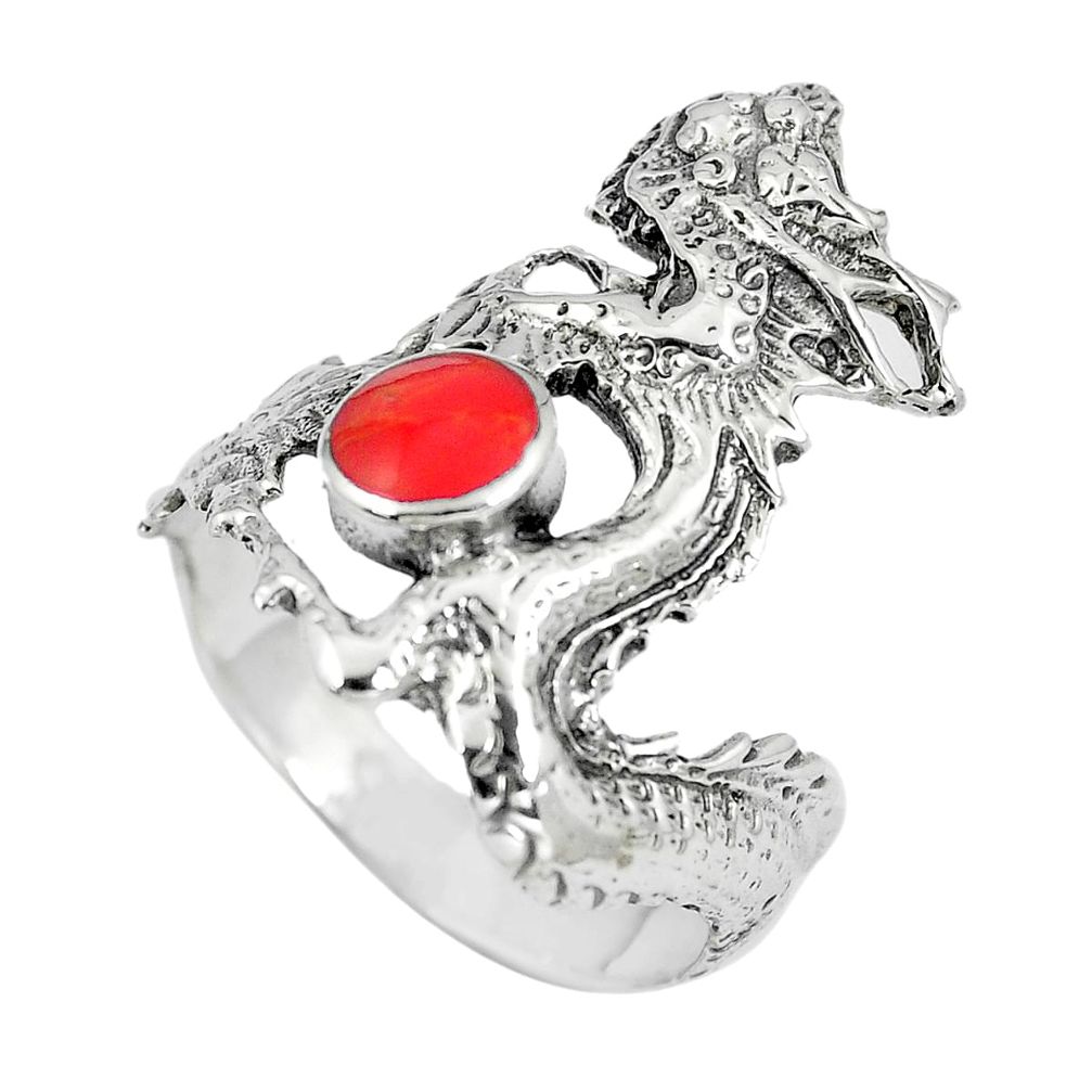 4.48gms red coral enamel 925 sterling silver dragon ring jewelry size 8.5 c12628