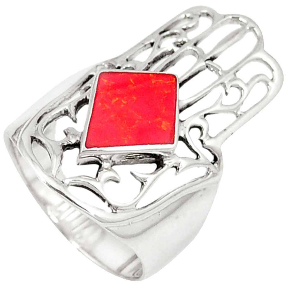 LAB Red coral enamel 925 sterling silver hand of god hamsa ring size 6 c12123