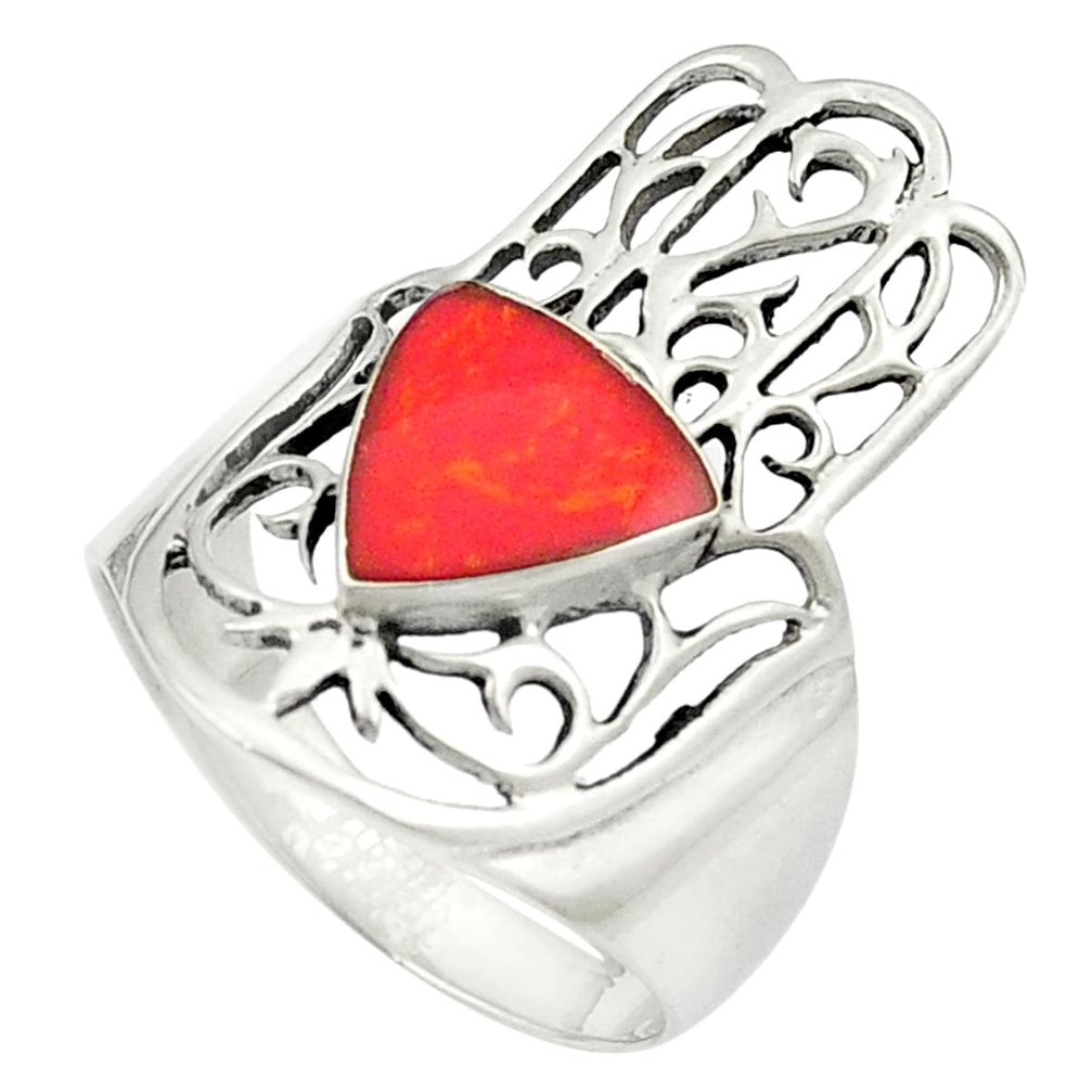 Red coral enamel 925 sterling silver hand of god hamsa ring size 7 c12134