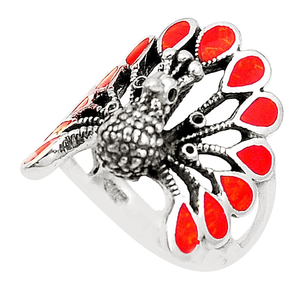Red coral enamel 925 sterling silver peacock ring size 7.5 c12404