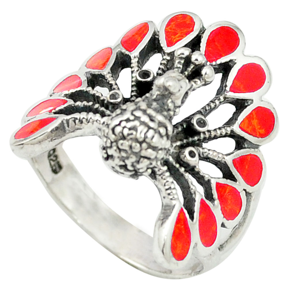 LAB Red coral enamel 925 sterling silver peacock ring jewelry size 7 c11885