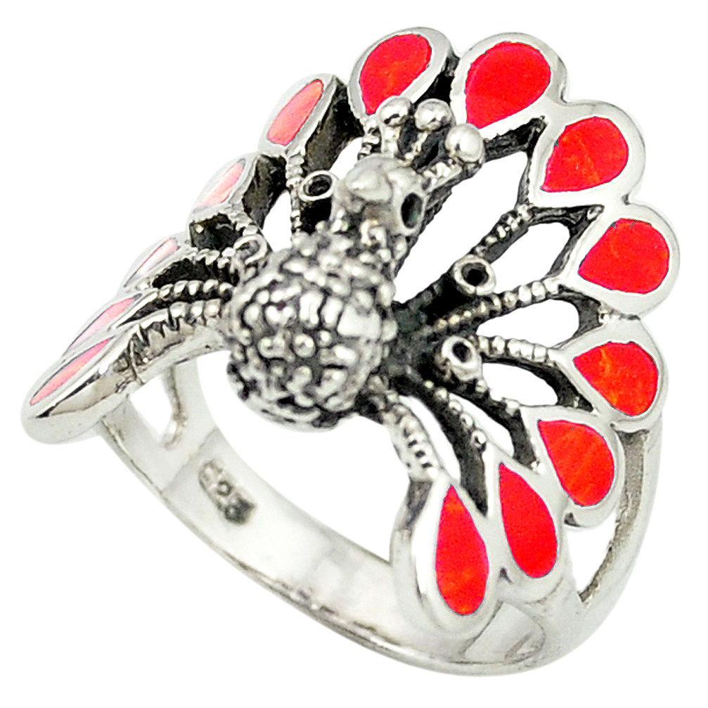 LAB Red coral enamel 925 sterling silver peacock ring jewelry size 9 c11889