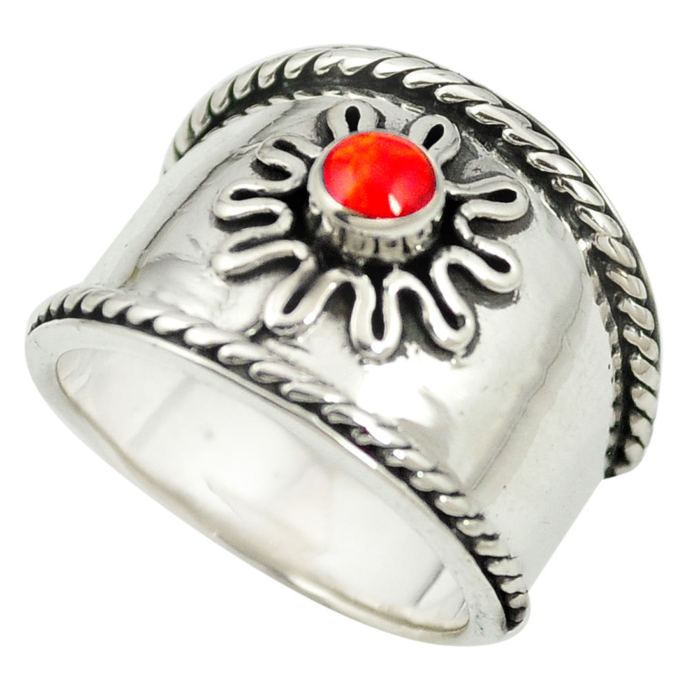 LAB Red coral enamel 925 sterling silver ring jewelry size 5.5 c12007