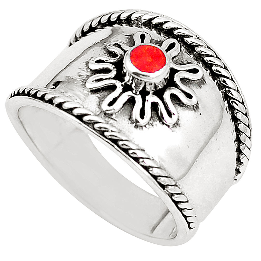 LAB 7.03gms red coral enamel 925 sterling silver ring jewelry size 8.5 c12017