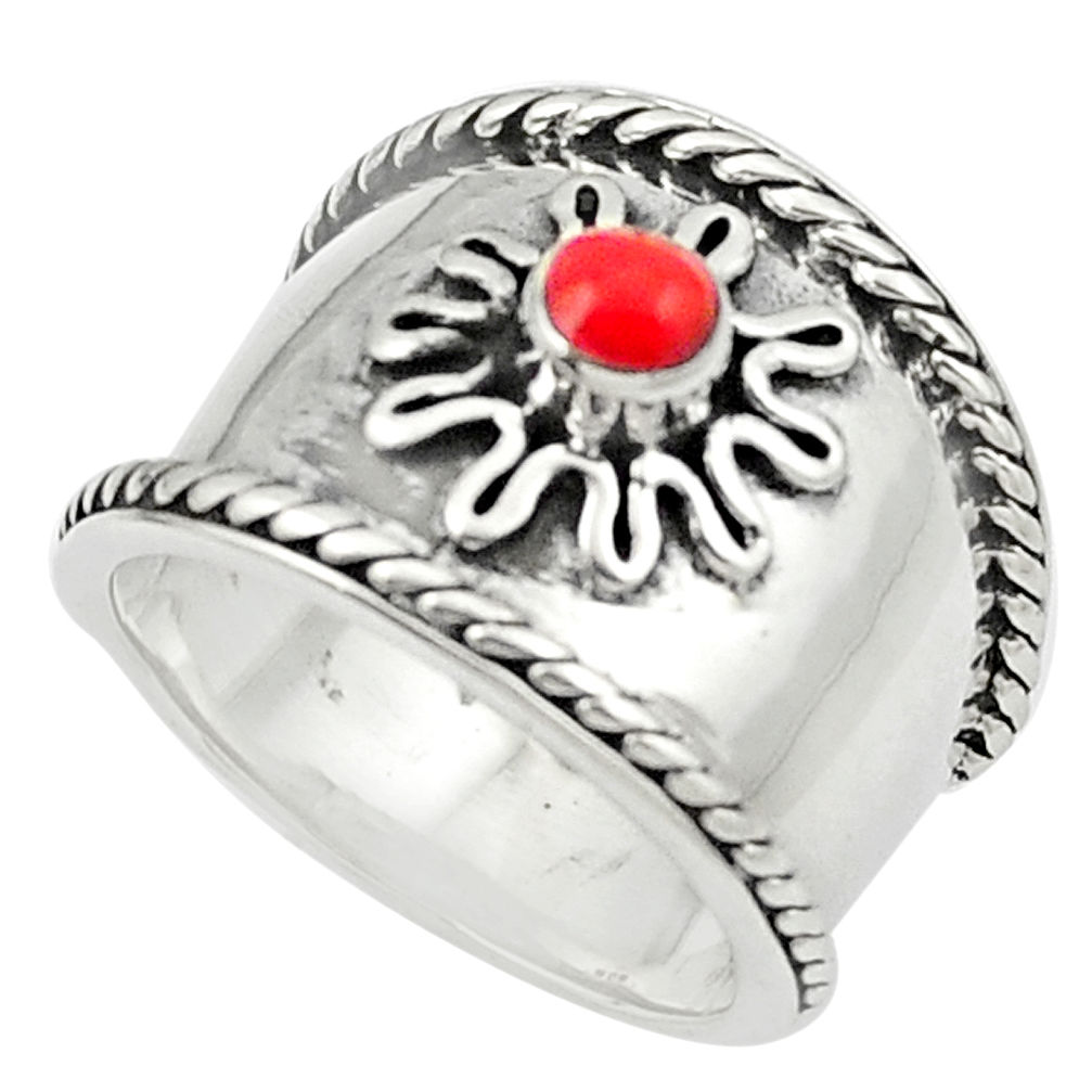 LAB Red coral enamel 925 sterling silver ring jewelry size 5.5 c12018