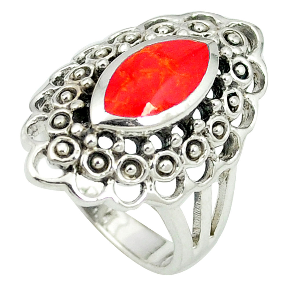 LAB Red coral enamel 925 sterling silver ring jewelry size 6.5 c12026