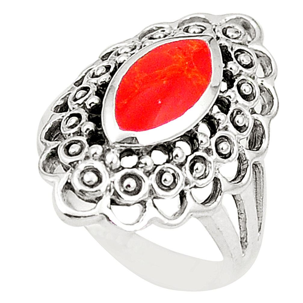 LAB Red coral enamel 925 sterling silver ring jewelry size 6.5 c12034