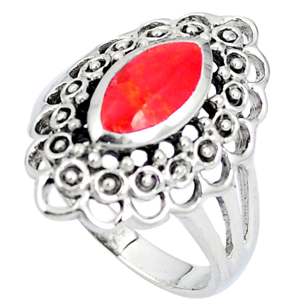 LAB Red coral enamel 925 sterling silver ring jewelry size 8.5 c12037