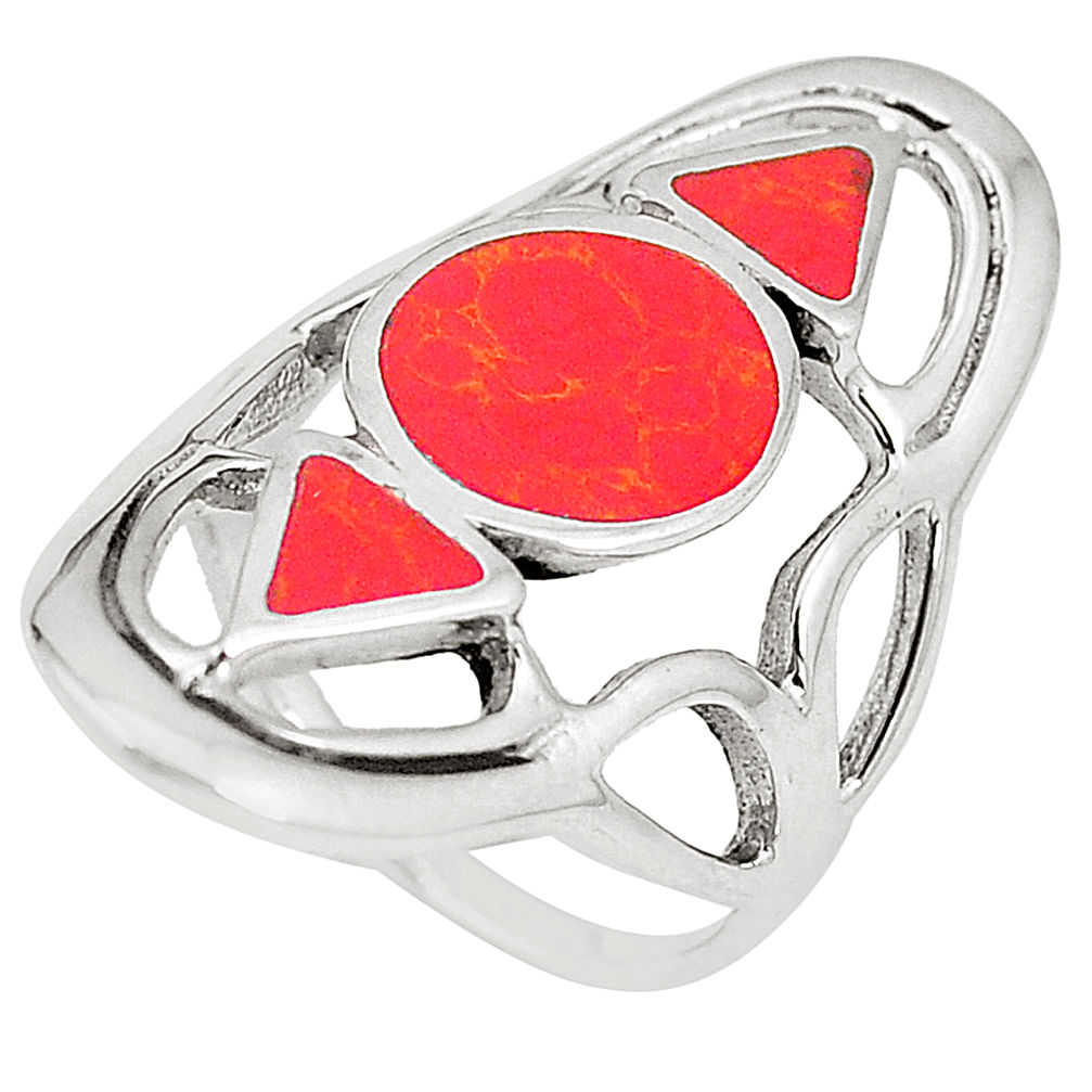 LAB 6.87gms red coral enamel 925 sterling silver ring jewelry size 6.5 c12119