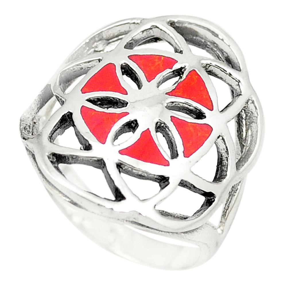 LAB Red coral enamel 925 sterling silver ring jewelry size 6.5 c12142
