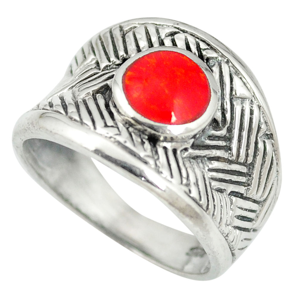 LAB Red coral enamel 925 sterling silver ring jewelry size 7.5 c12162