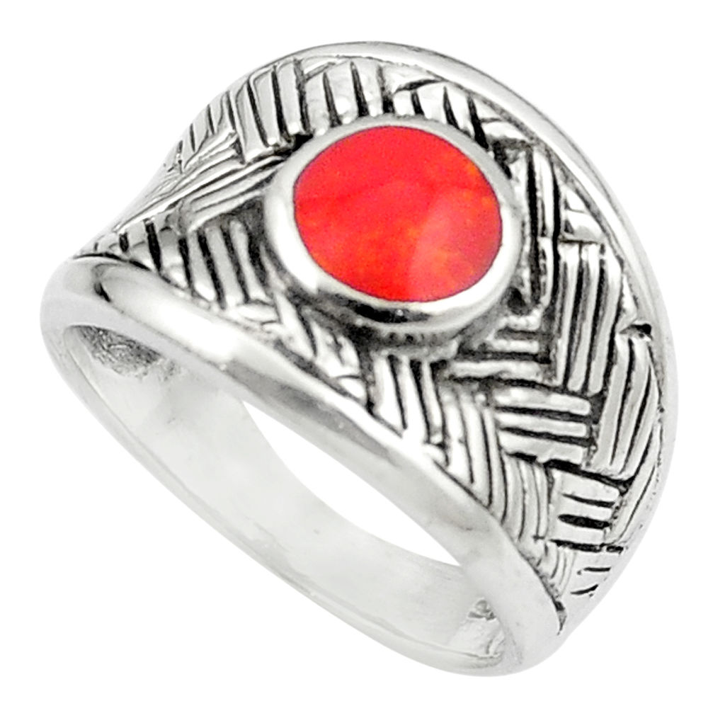 LAB Red coral enamel 925 sterling silver ring jewelry size 8.5 c12170