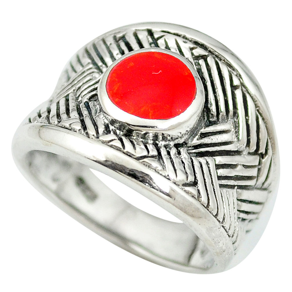 LAB Red coral enamel 925 sterling silver ring jewelry size 6.5 c12353