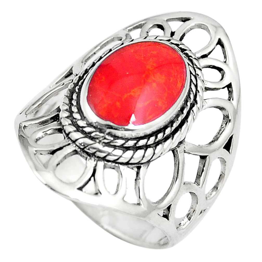 5.48gms red coral enamel 925 sterling silver ring jewelry size 7.5 c12762