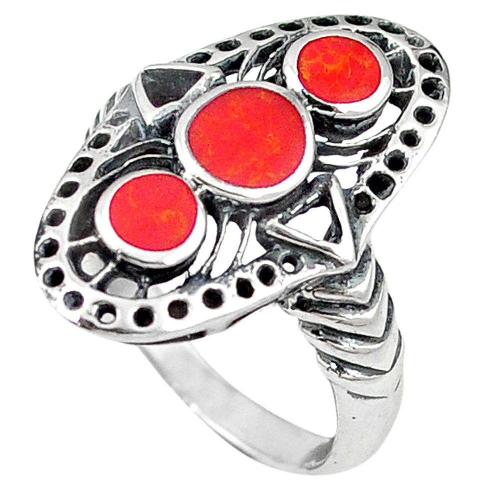 LAB Red coral enamel 925 sterling silver ring jewelry size 6 c11951