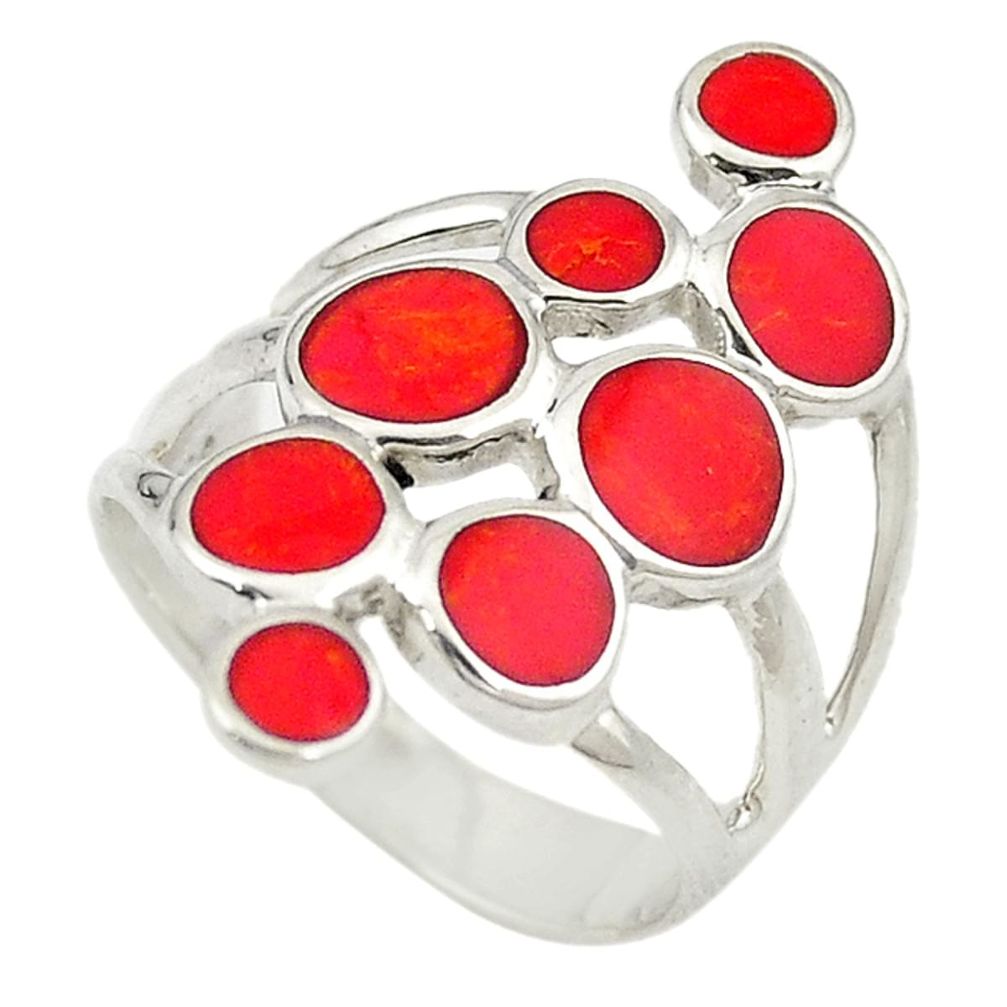 Red coral enamel 925 sterling silver ring jewelry size 6 c12369