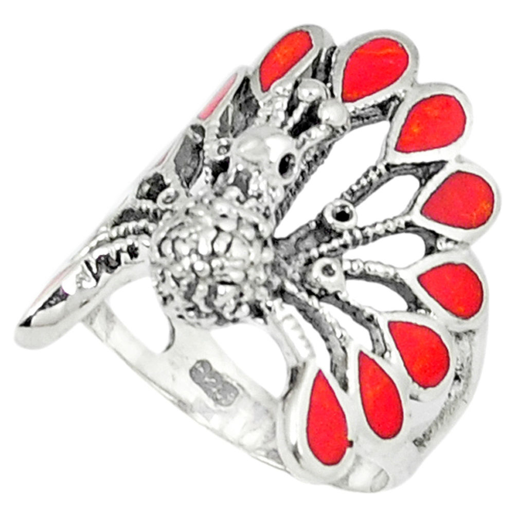 LAB 6.48gms red coral enamel 925 sterling silver ring jewelry size 6 c12393