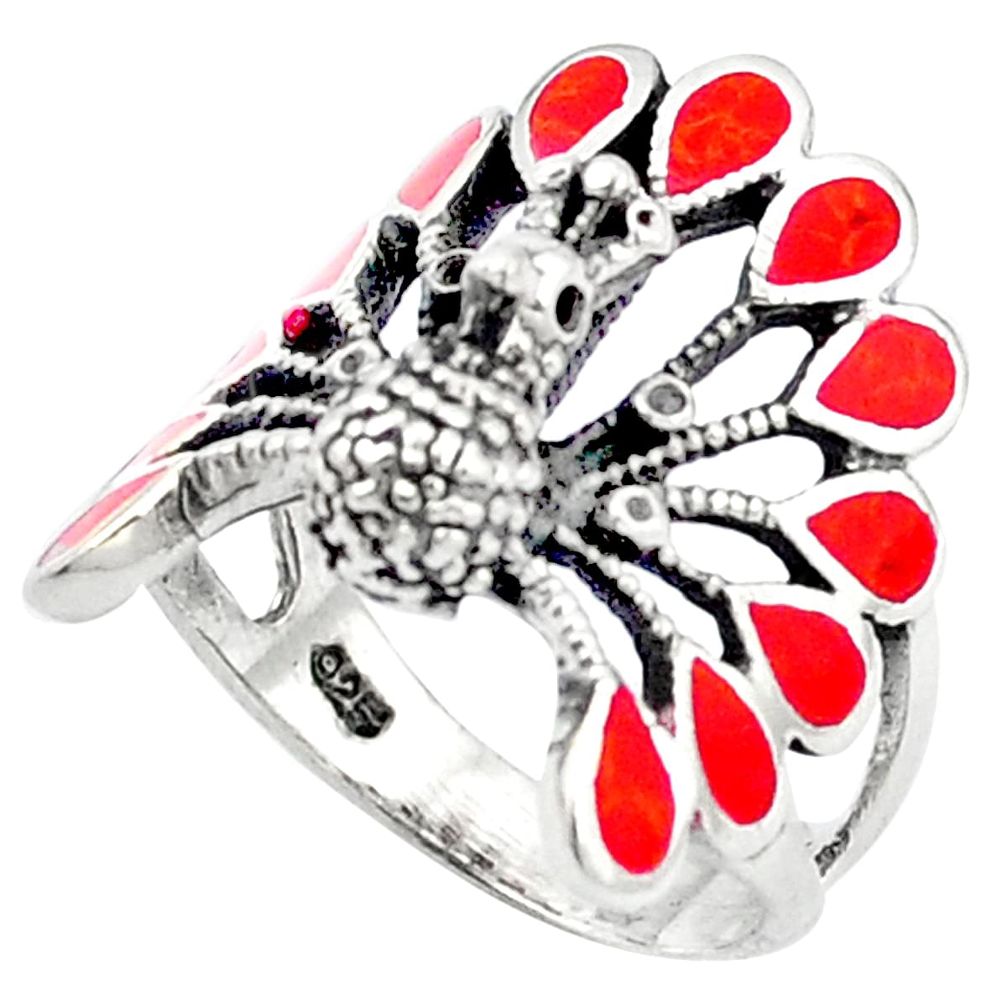 Red coral enamel 925 sterling silver ring jewelry size 7 c11882