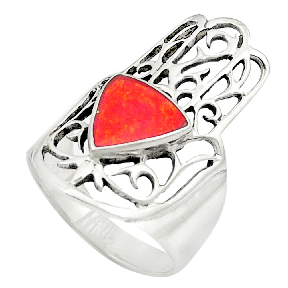 LAB Red coral enamel 925 sterling silver ring jewelry size 7 c11984