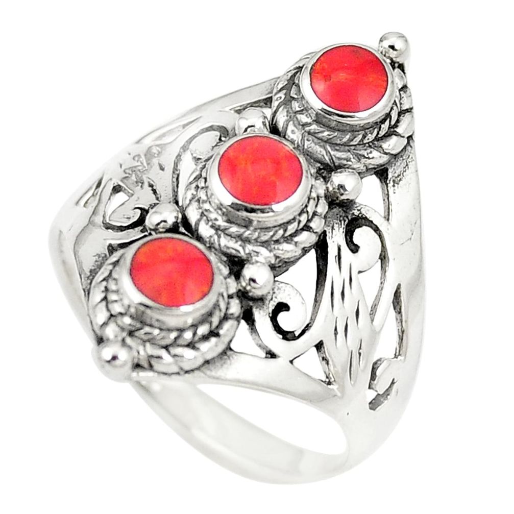 Red coral enamel 925 sterling silver ring jewelry size 8 c11949