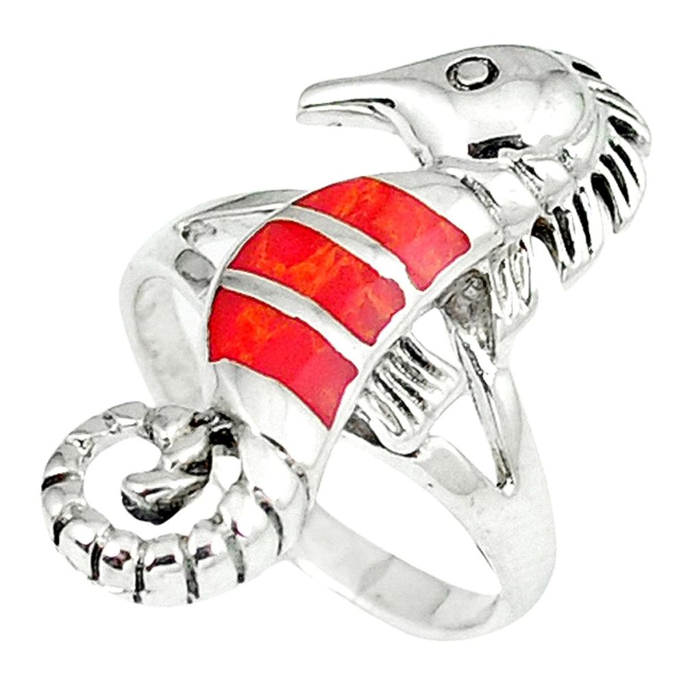 4.69gms red coral enamel 925 sterling silver seahorse ring jewelry size 6 c12186
