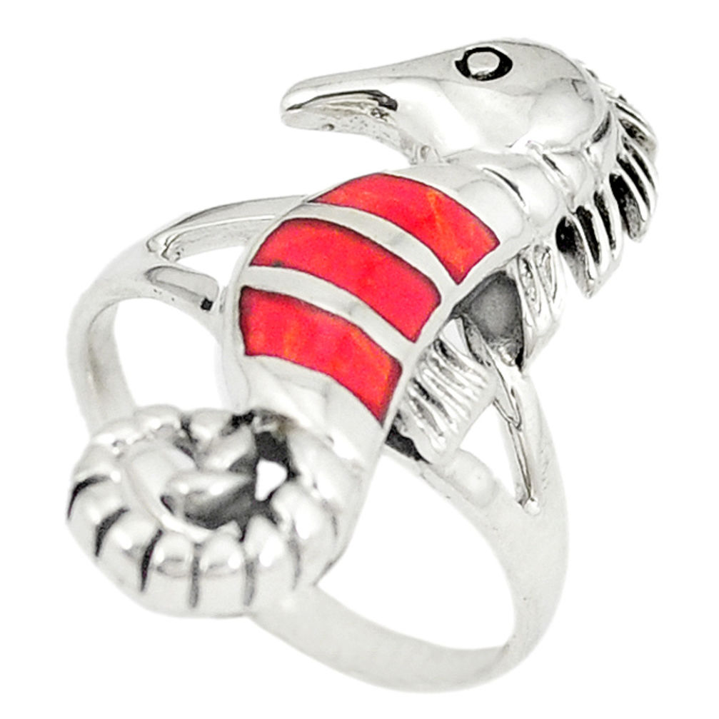 LAB Red coral enamel 925 sterling silver seahorse ring jewelry size 6 c12197