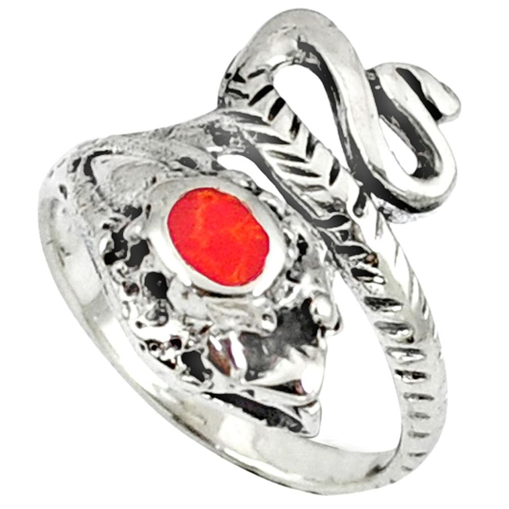 Red coral enamel 925 sterling silver snake ring jewelry size 7.5 c11939