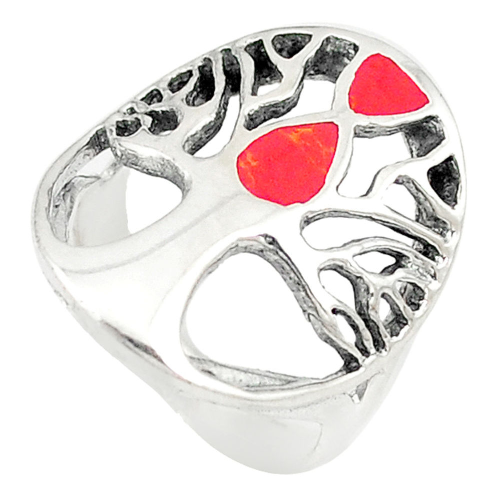 Red coral enamel 925 sterling silver tree of life ring jewelry size 6.5 c21656