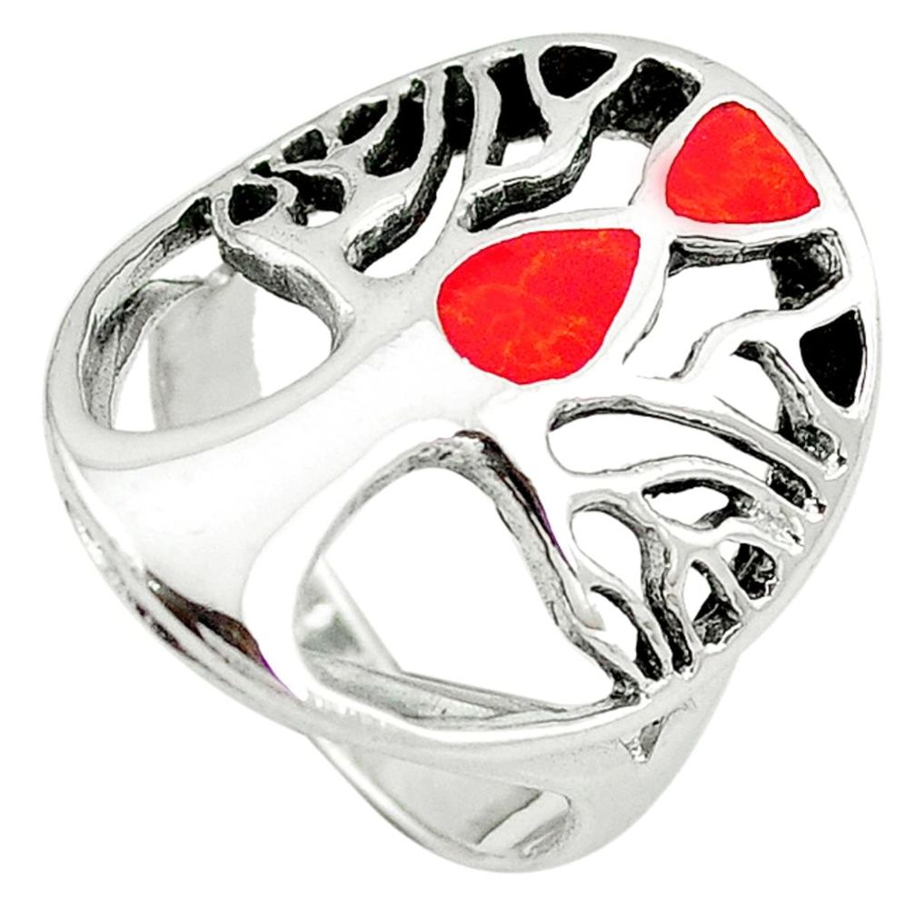 Red coral enamel 925 sterling silver tree of life ring size 7 c12381