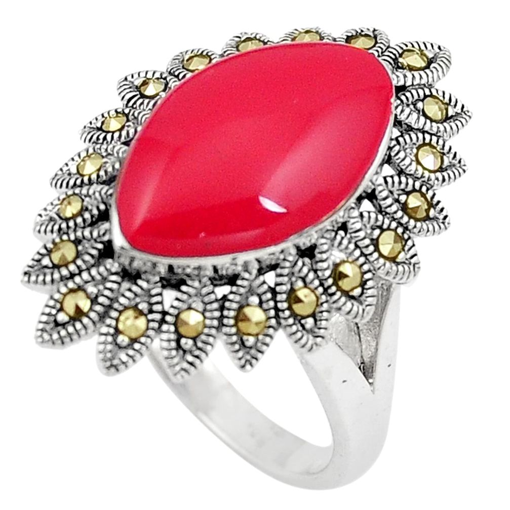 8.00cts red coral marcasite 925 silver solitaire ring jewelry size 9.5 c17483