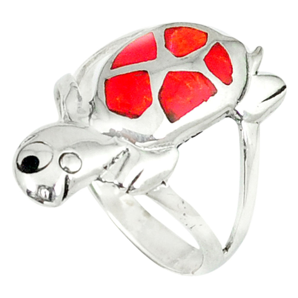 3.48gms red coral onyx enamel 925 sterling silver tortoise ring size 7 c11927