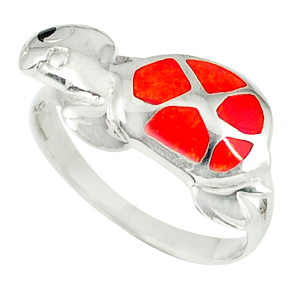 LAB 3.26gms red coral onyx enamel 925 sterling silver tortoise ring size 8 c11924