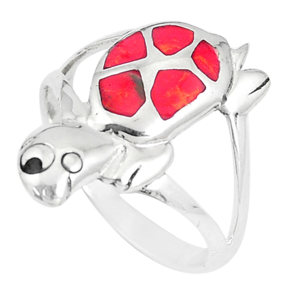 LAB 3.87gms red coral onyx enamel sterling silver tortoise ring size 9 a93340 c13258