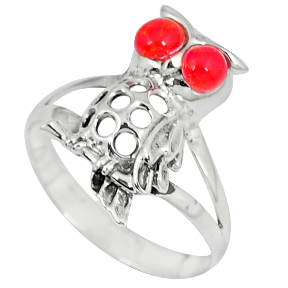 LAB Red coral round 925 sterling silver owl ring jewelry size 8.5 c12252