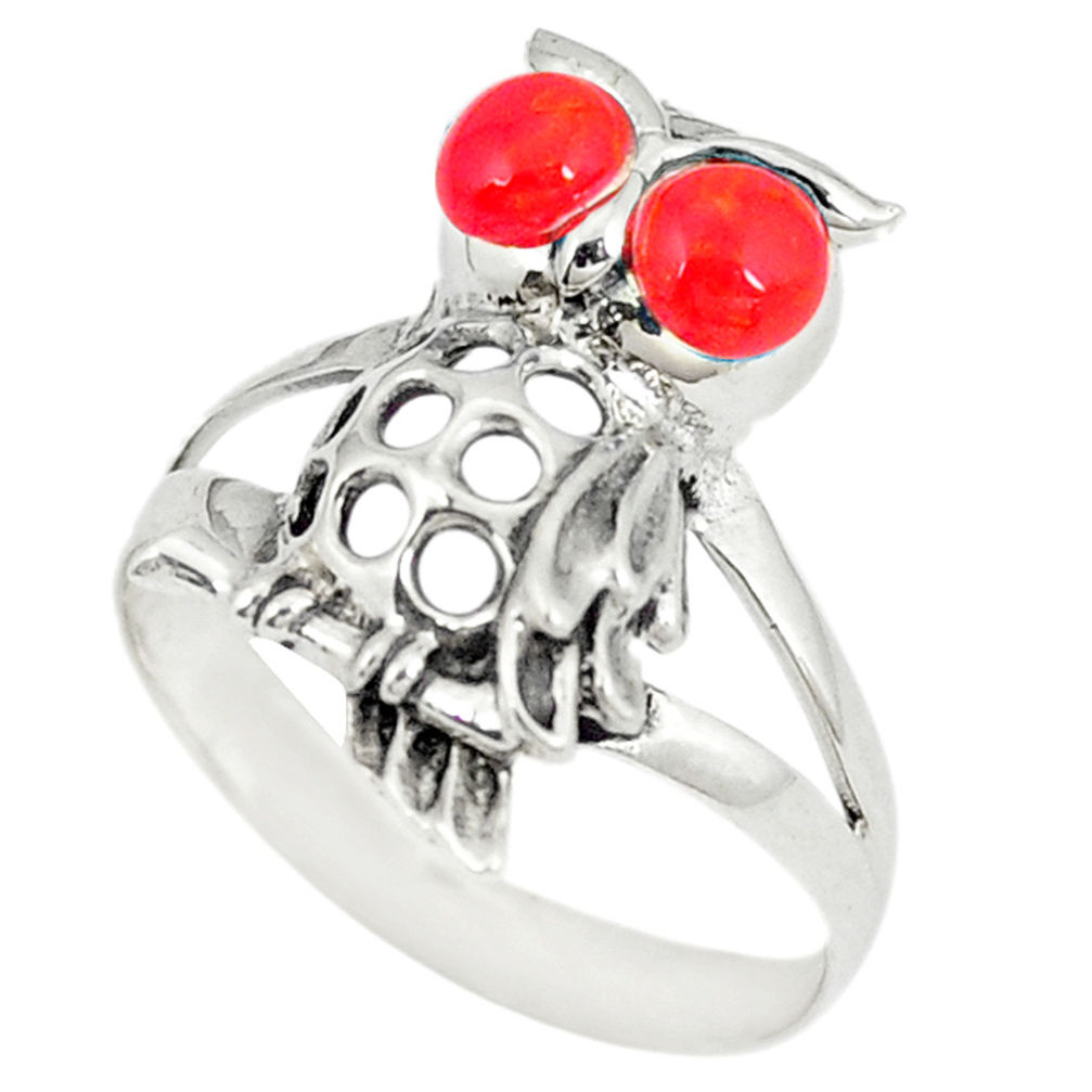 LAB Red coral round 925 sterling silver owl ring jewelry size 6.5 c12256